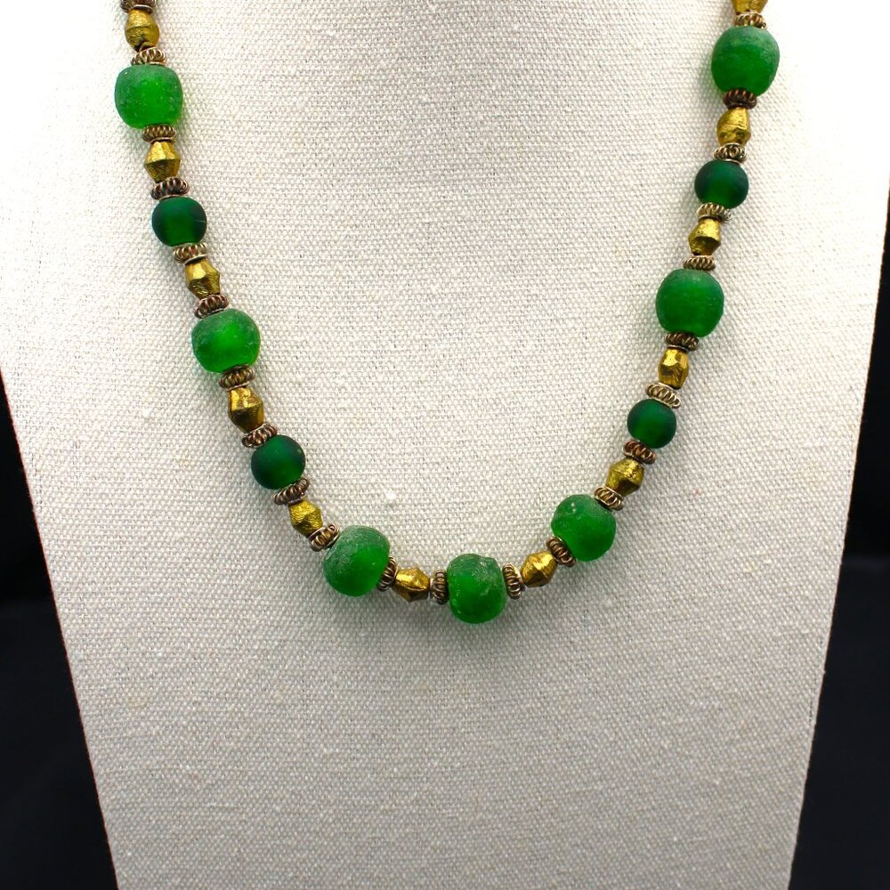 Emerald-Green & Brass Bi-cone with Ethiopian Wire Spacers Necklace